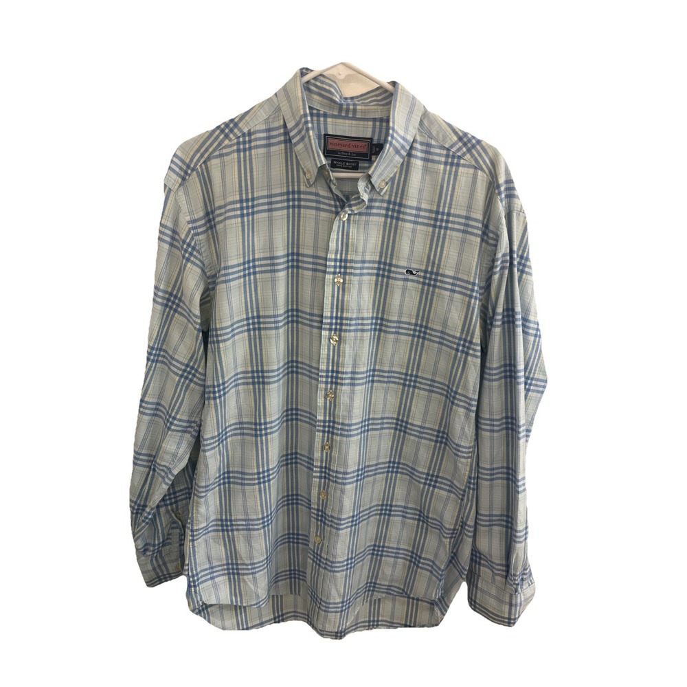 Vineyard Vines Whale Shirt Men‎ Medium M Cotton Blue White Plaid Long Sleeve